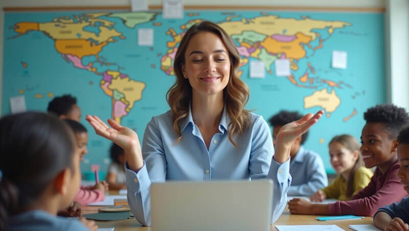 Smiling ESL teacher with open hands gesturing to students in a diverse classroom