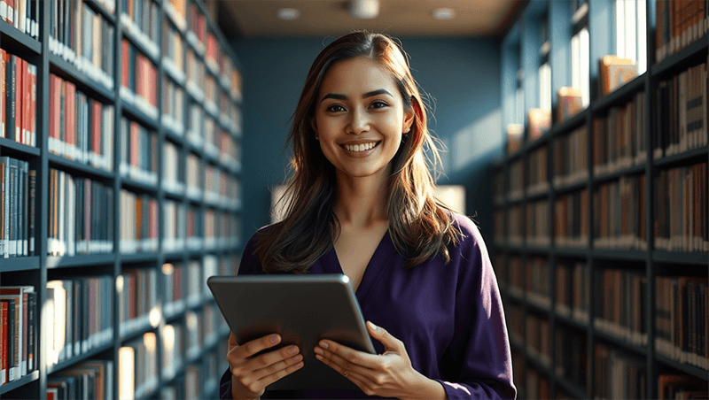 Smiling female teacher with tablet in library surrounded by extensive educational resources