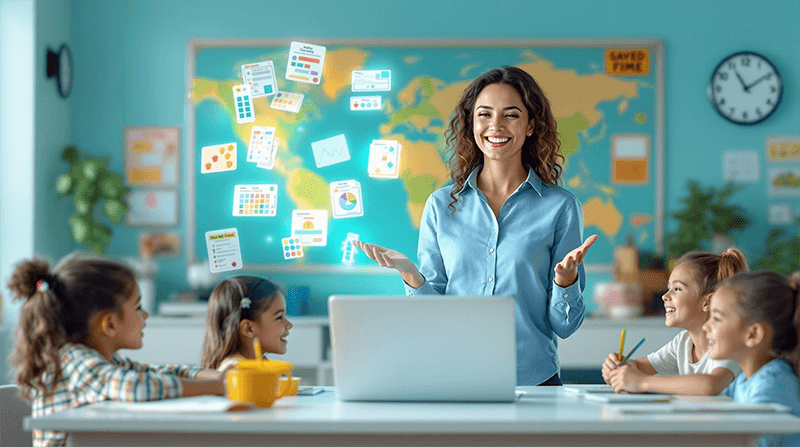 Enthusiastic ESL teacher teaching engaged students in a classroom with floating teaching resources coming out of her laptop